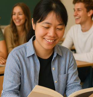 女孩一個人也開心的在享受自己的時間，看著書